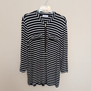 Calvin Klein black and white stripe lightweight flowy tunic top roll sleeve